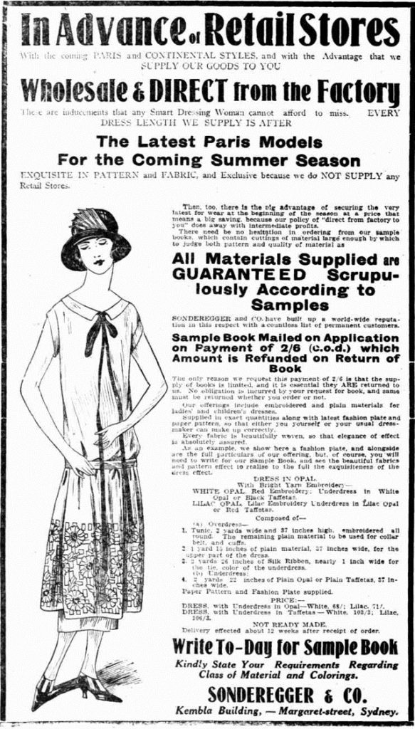Advertisement in 'Ladies section' of newspaper, showing advertisement for Sonderegger & Co and a women in 1920s dress.